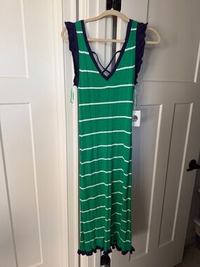Green Striped V-Neck Maxi Dress with Navy Trim